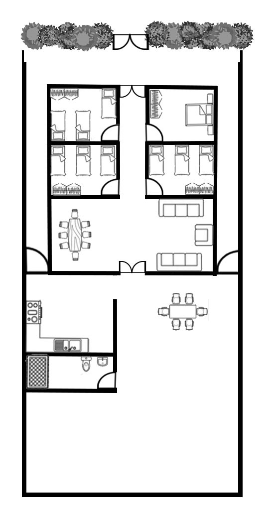 Planta arquitectónica de una casa de estilo criollo y victoriano, mostrando un diseño con varios dormitorios, una sala amplia, cocina y comedor.